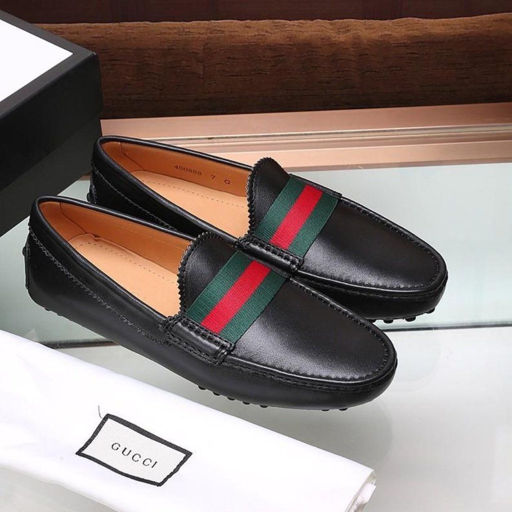 GUCCI Men's Black Drivers Leather Web Trim Slip On Loafers Size 10
